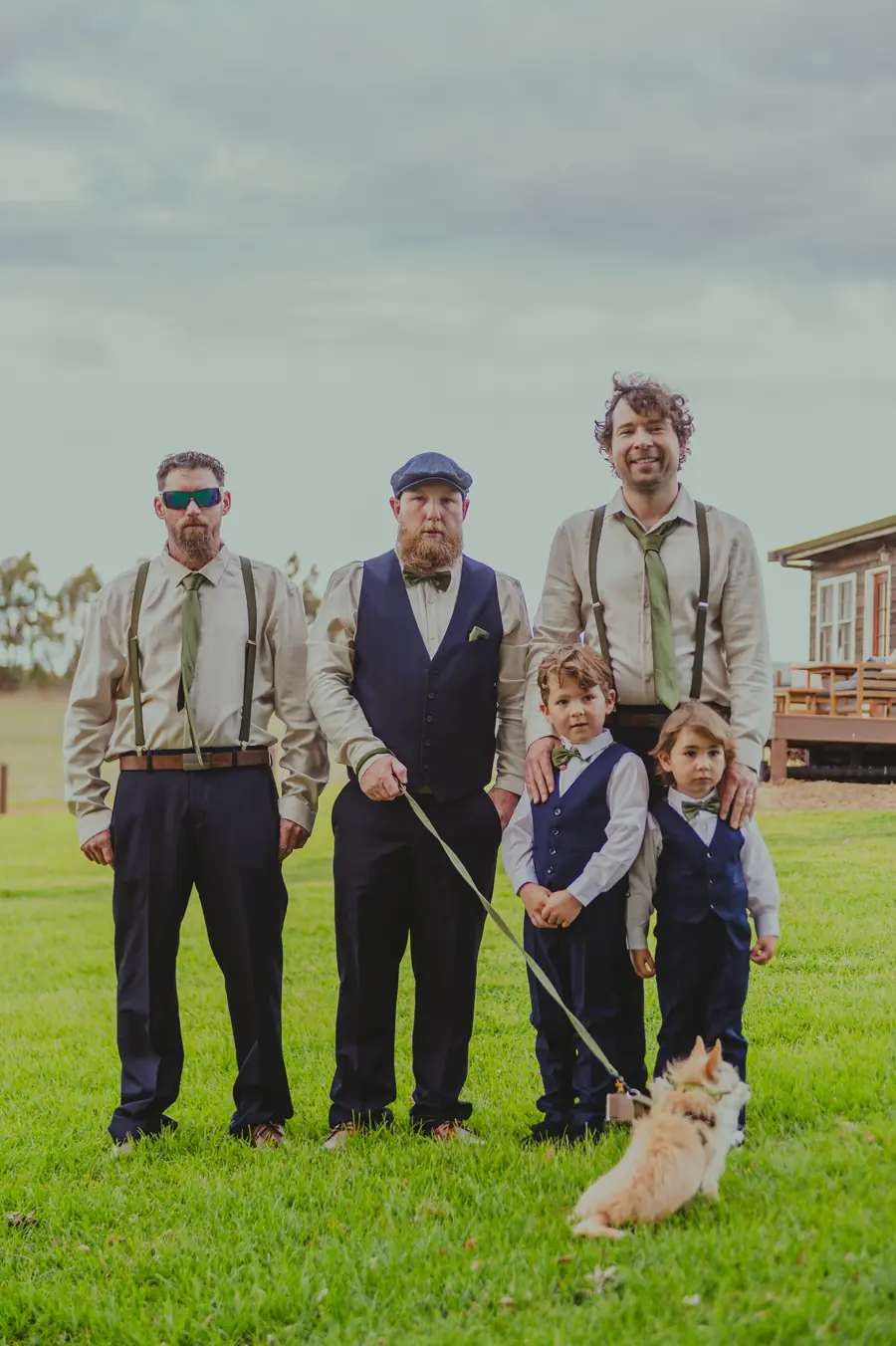 Ben and his groomsmen with the ring bearers and family dog at Dalmore Farm